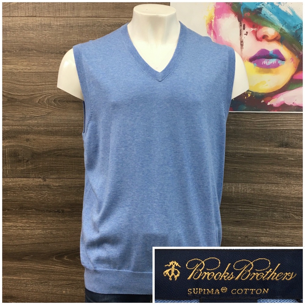 NEW!‎ Brooks Brothers Mens V-Neck Supima Cotton Sweater Vest Light Blue XXL